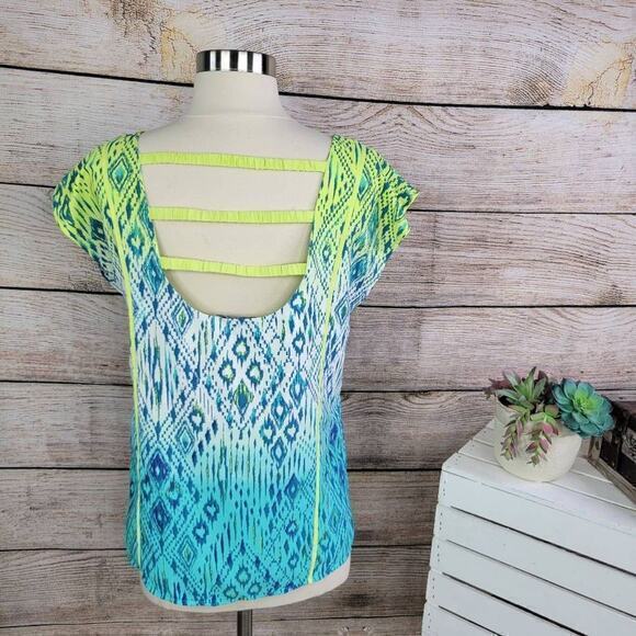 American Eagle Cap Sleeve Neon Geometric Blue Green Open Back Top Size Small - Picture 2 of 7